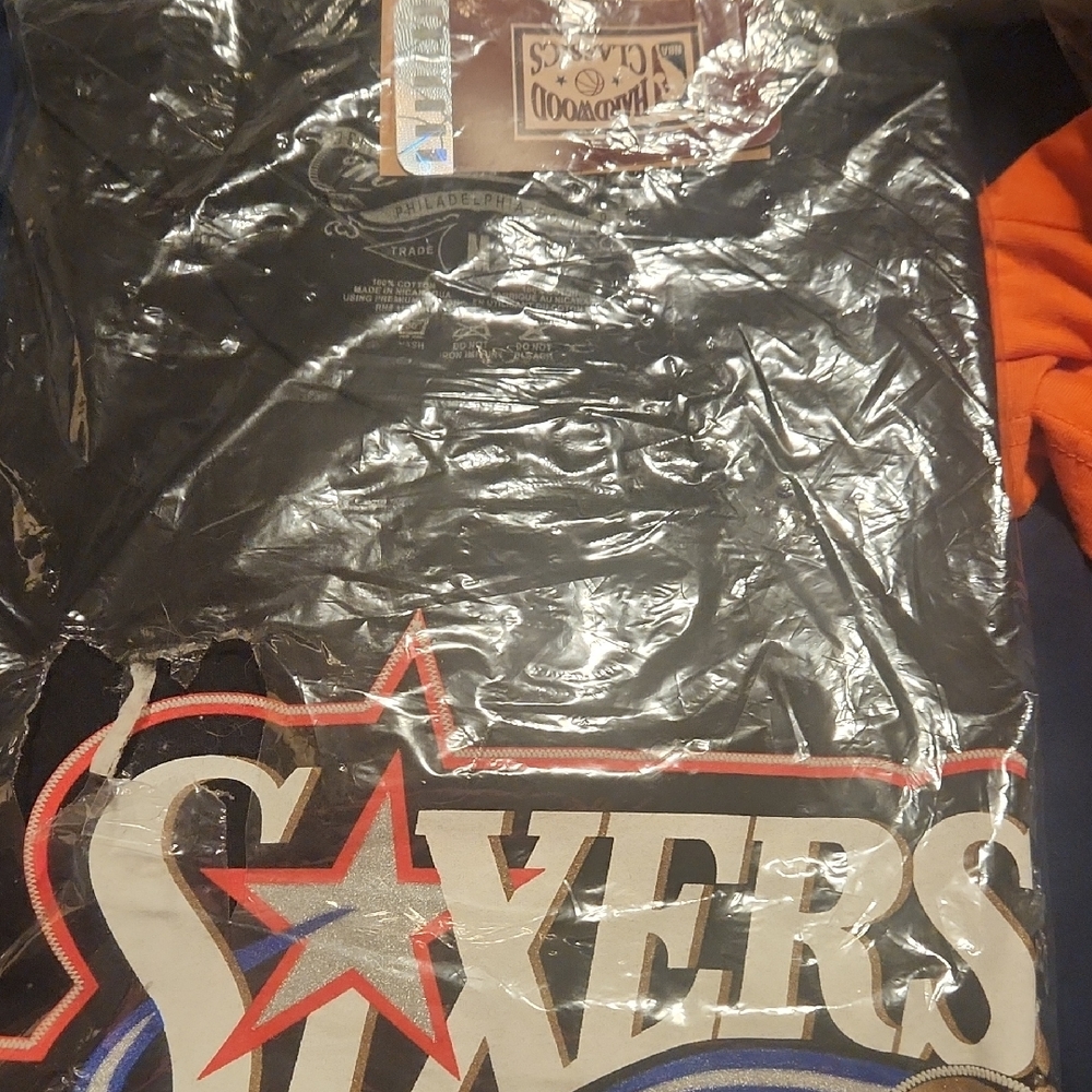 Mitchell & Ness Black Sixers Star Logo Tee with Red & Blue Accents